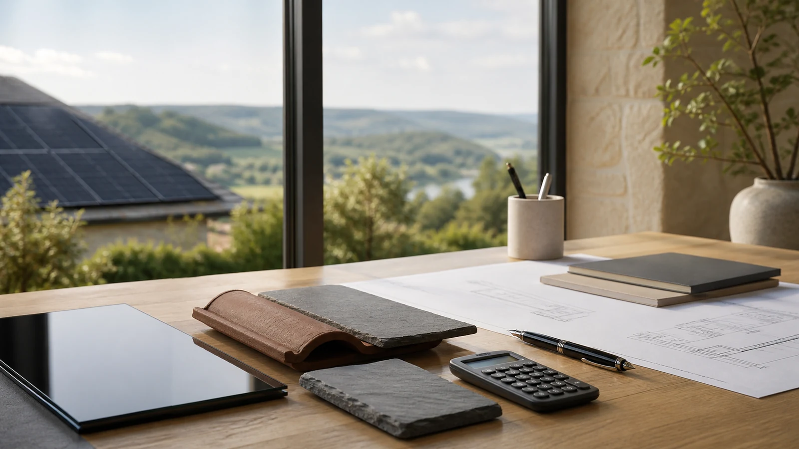 Échantillons de matériaux, plan architectural et calcul du budget d'une installation photovoltaïque