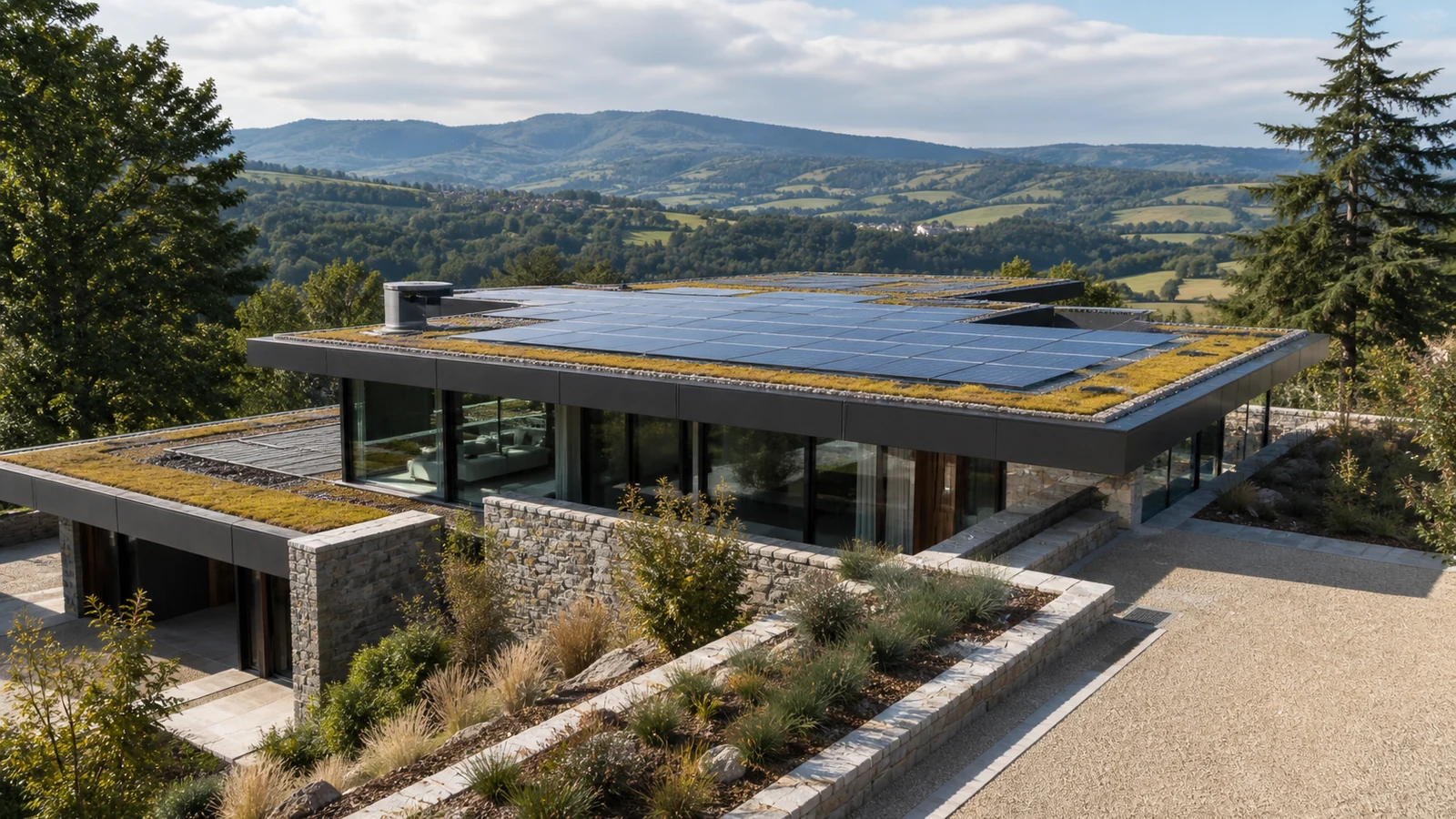 Villa contemporaine à toiture plate combinant panneaux solaires, végétalisation et pierre locale