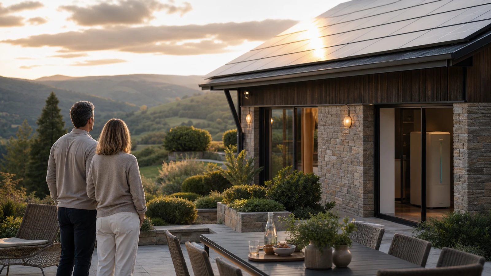 Propriétaires contemplant leur maison solaire premium équipée d'une batterie dans les collines de la Loire