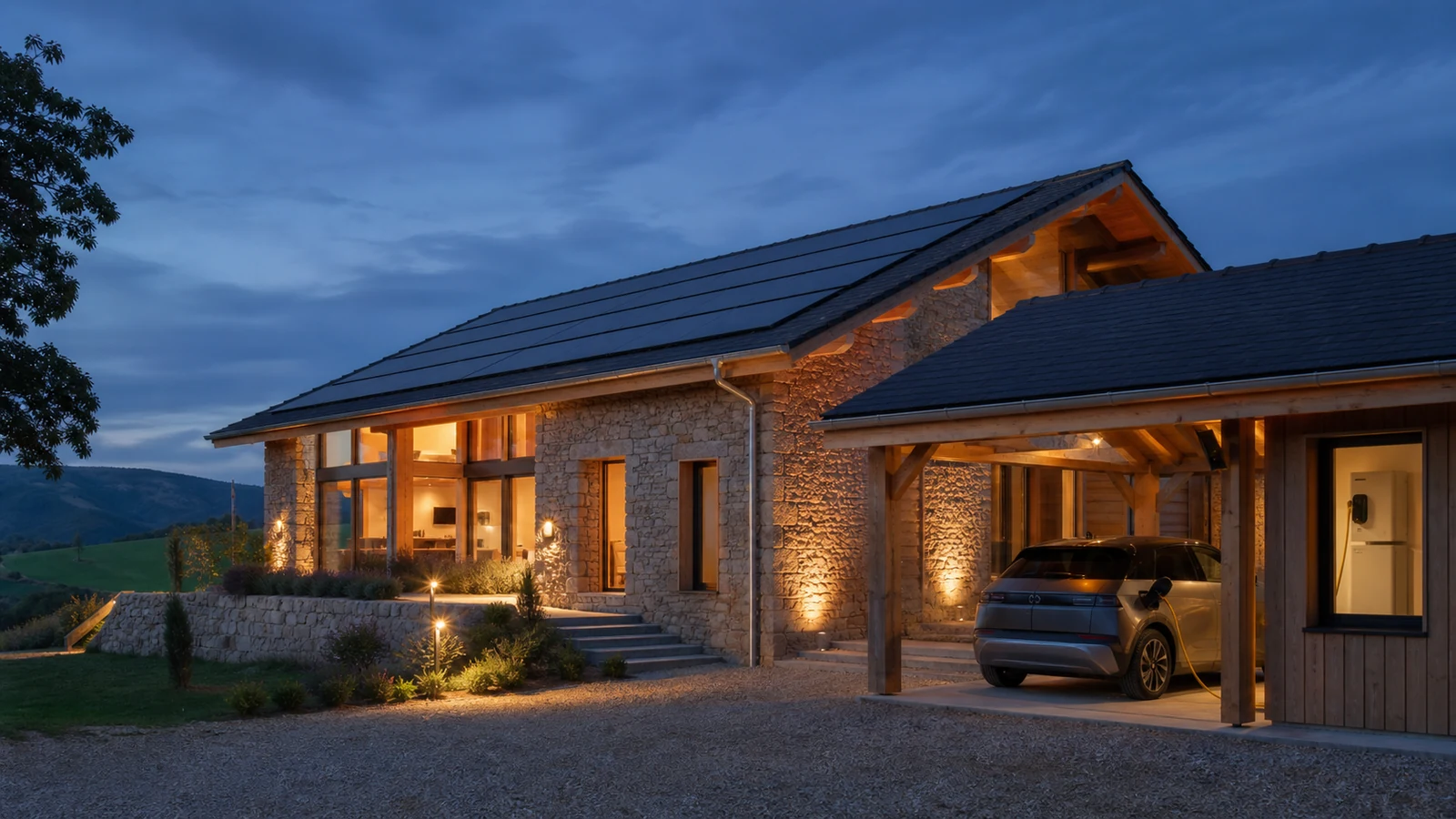 Maison en pierre et bois avec toiture photovoltaïque et véhicule électrique à l'heure bleue