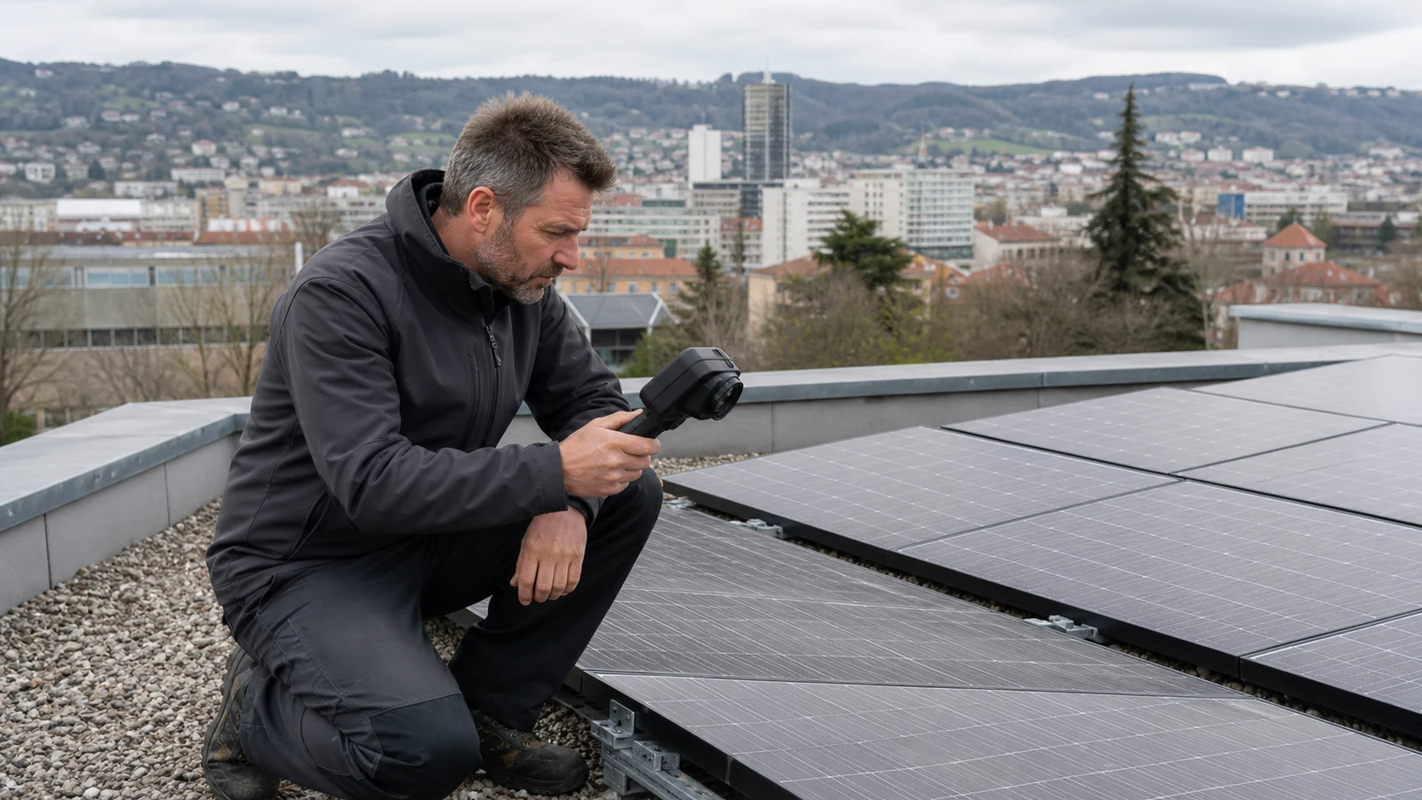 Technicien photovoltaïque réalisant une inspection thermique avec Saint-Étienne en arrière-plan