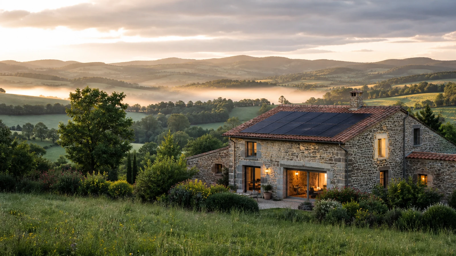 Ferme en pierre rénovée avec panneaux photovoltaïques face aux collines verdoyantes du Forez