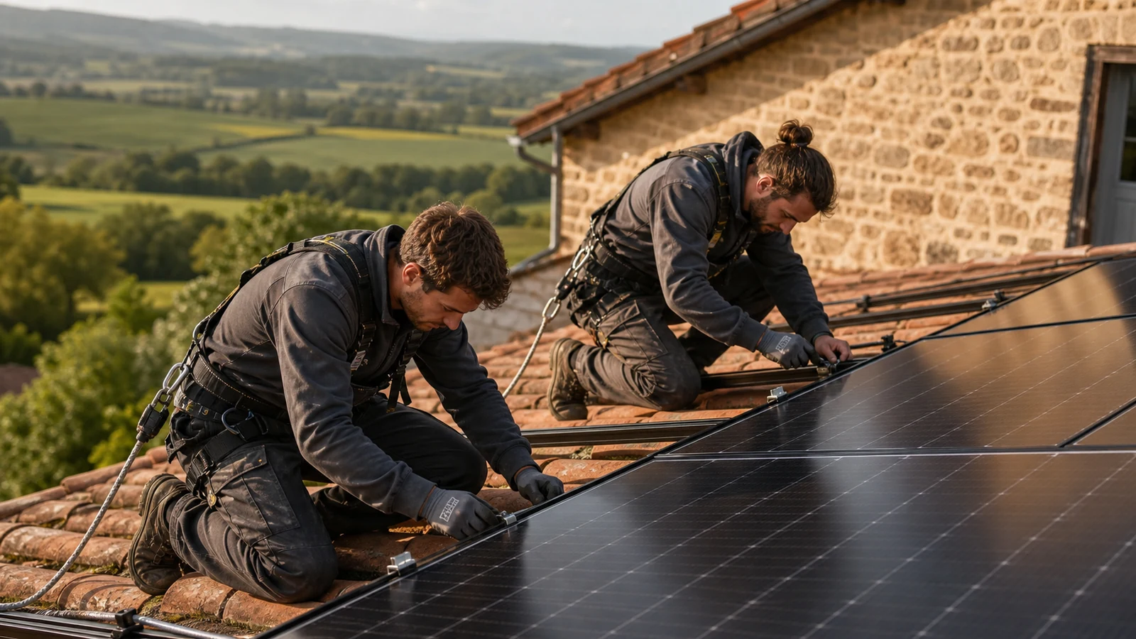 Installateurs photovoltaïques qualifiés intervenant sur une toiture en tuiles dans la Loire
