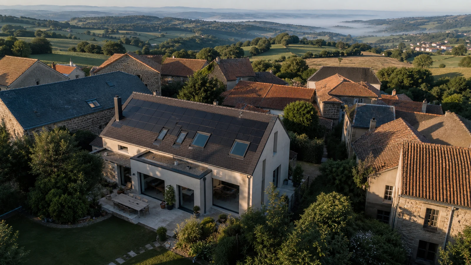 Vue aérienne d'un habitat contemporain solaire intégré à un village verdoyant de la Loire