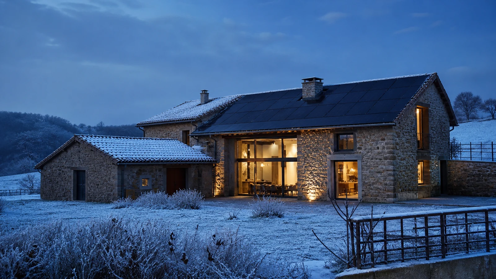 Maison en pierre équipée de panneaux photovoltaïques dans un paysage hivernal des hauteurs de la Loire